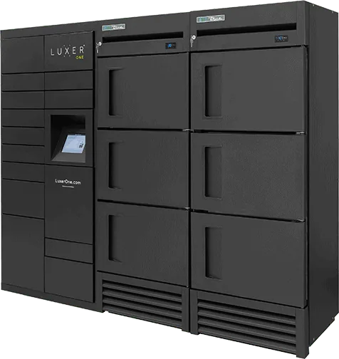 Tall Luxer Fridge by True refrigerated package locker with glass front holding grocery and meal-kit deliveries
