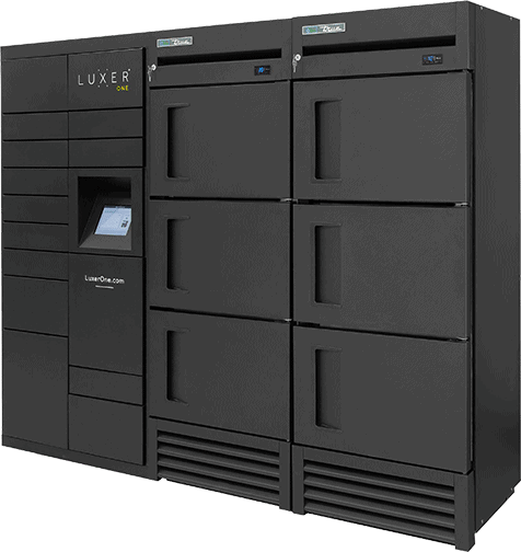Tall Luxer Fridge by True refrigerated package locker with glass front holding grocery and meal-kit deliveries