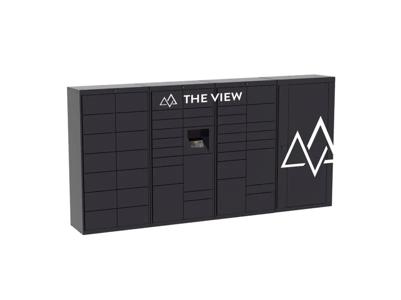 Luxer One indoor parcel lockers in an apartment lobby