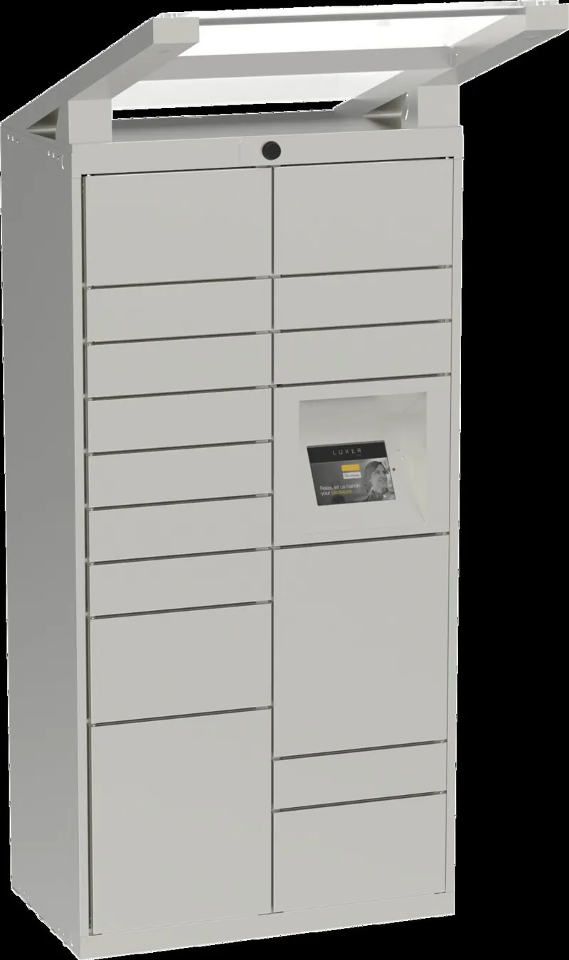 Luxer One outdoor parcel locker kiosk with carrier workflow