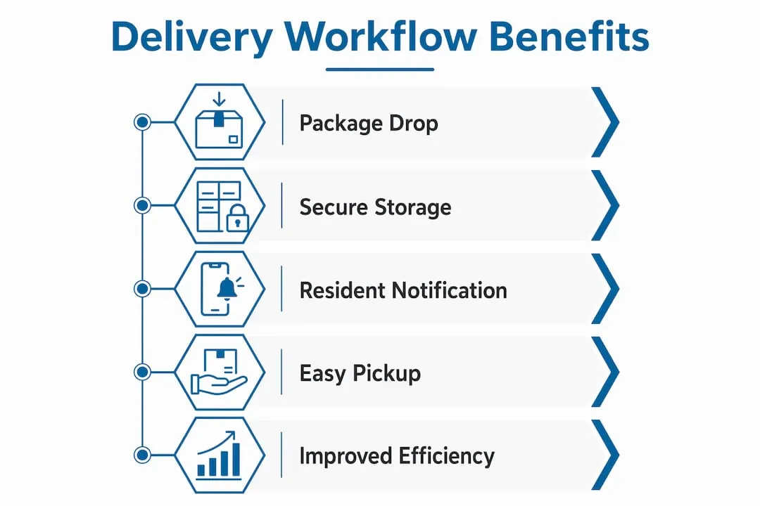 Infographic illustrating package locker system workflow benefits