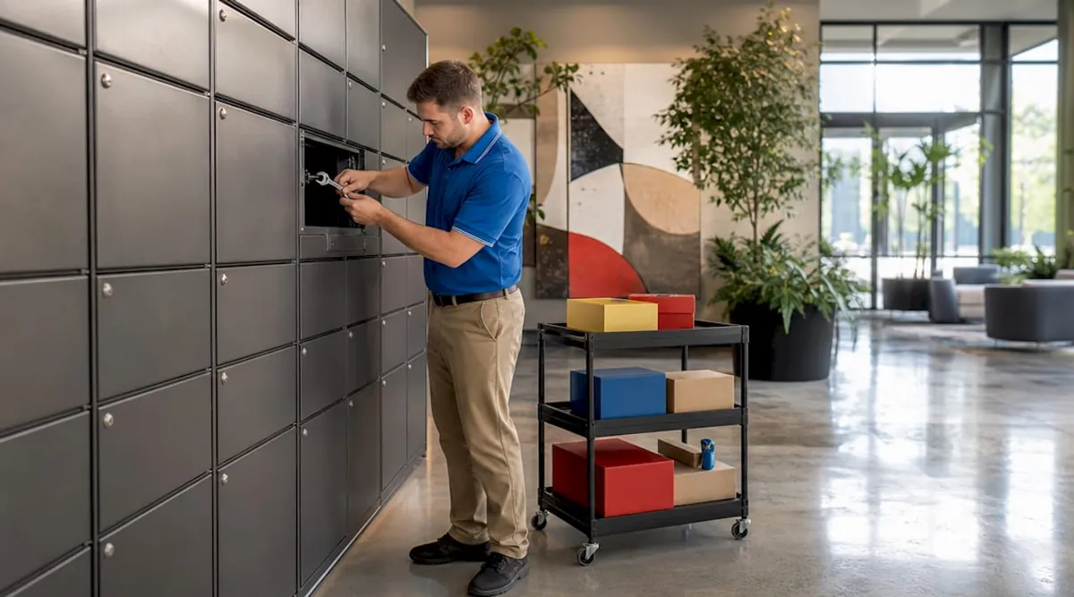 Maintenance installing smart package lockers in residential hallway