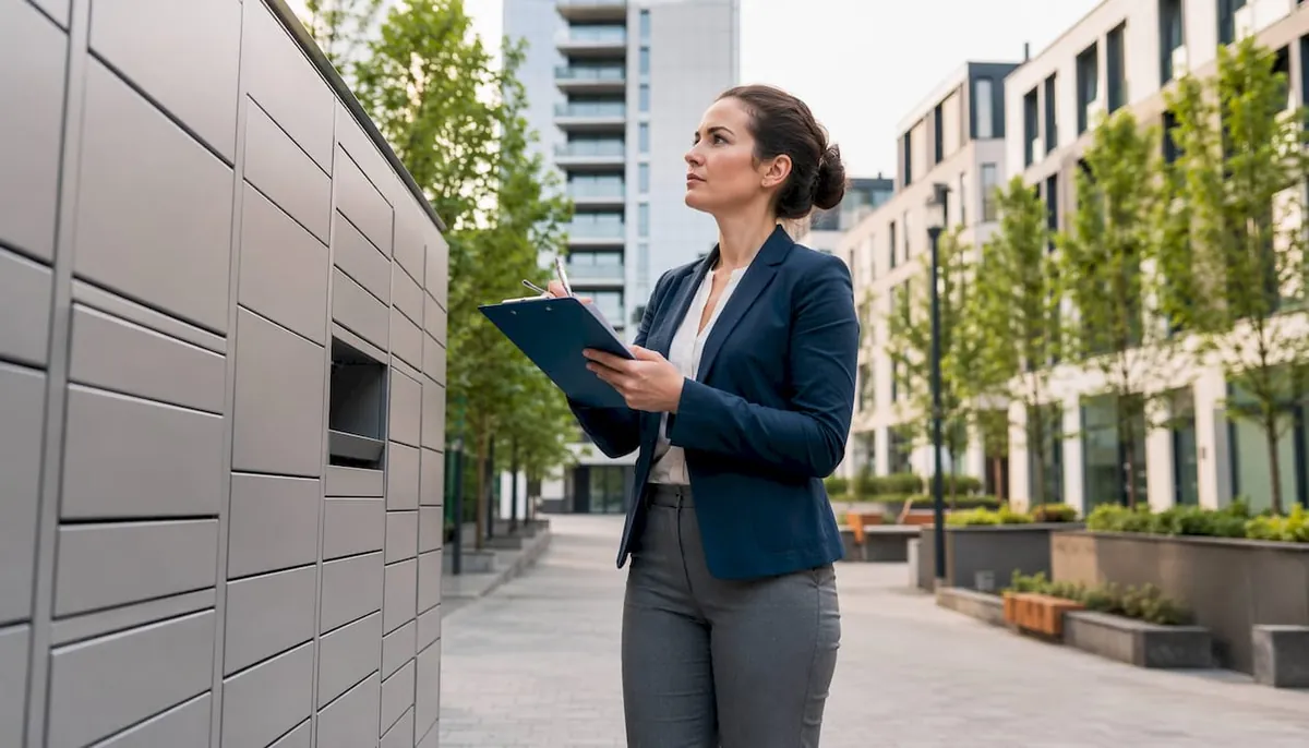 Property manager inspecting newly installed lockers in garage