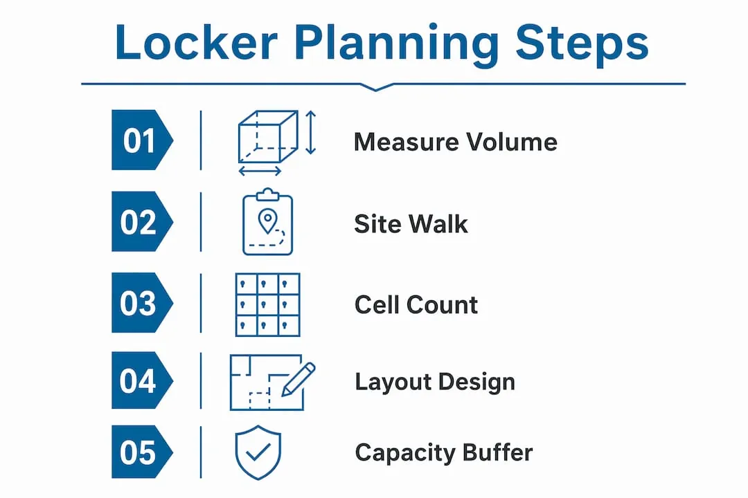 Infographic showing the five steps for compact locker design planning