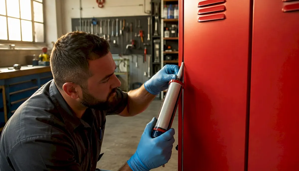 Hands installing stainless steel locker hinges