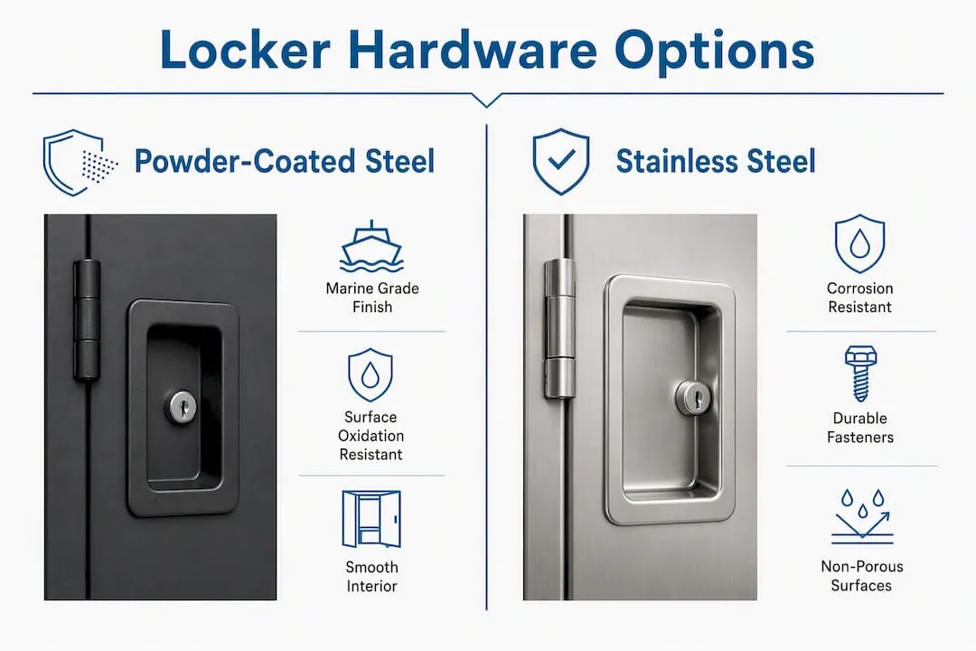 Infographic comparing locker hardware materials for humidity