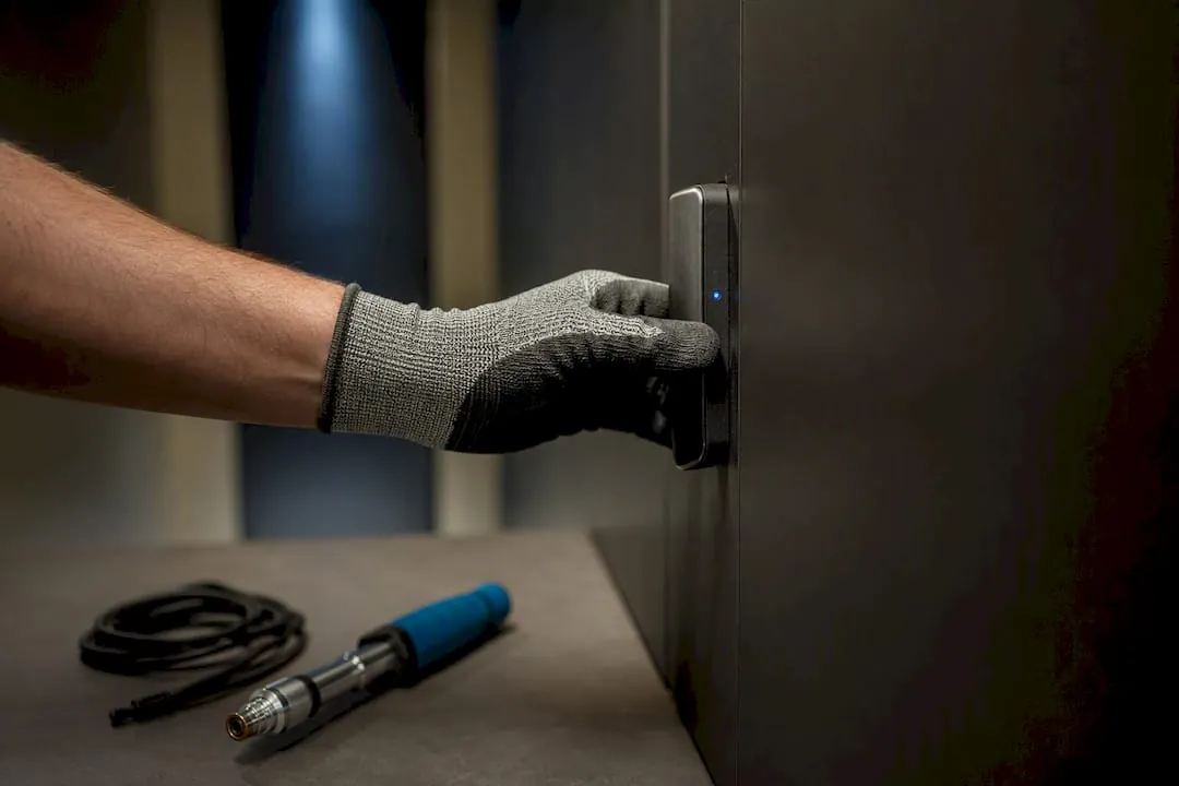 Technician testing an electronic locker latch